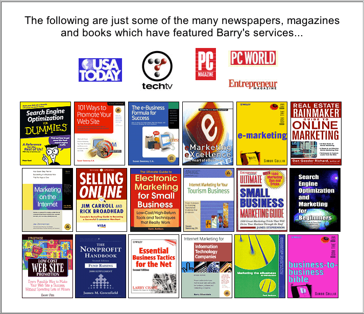 Collage of newspapers, magazines, and books that have featured Barry Brooks' tools and services, including USA Today, PC Magazine, and numerous published titles